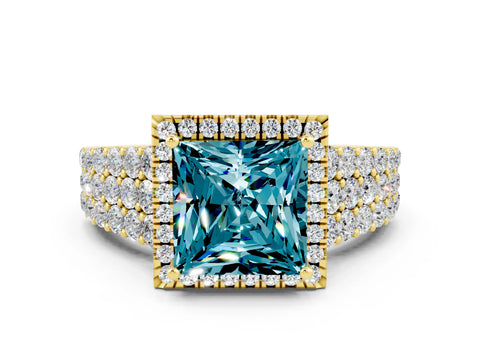 Yellow gold Princess Cut Halo Pavé Diamond Engagement Ring with Split Shank and Four-Prong Setting