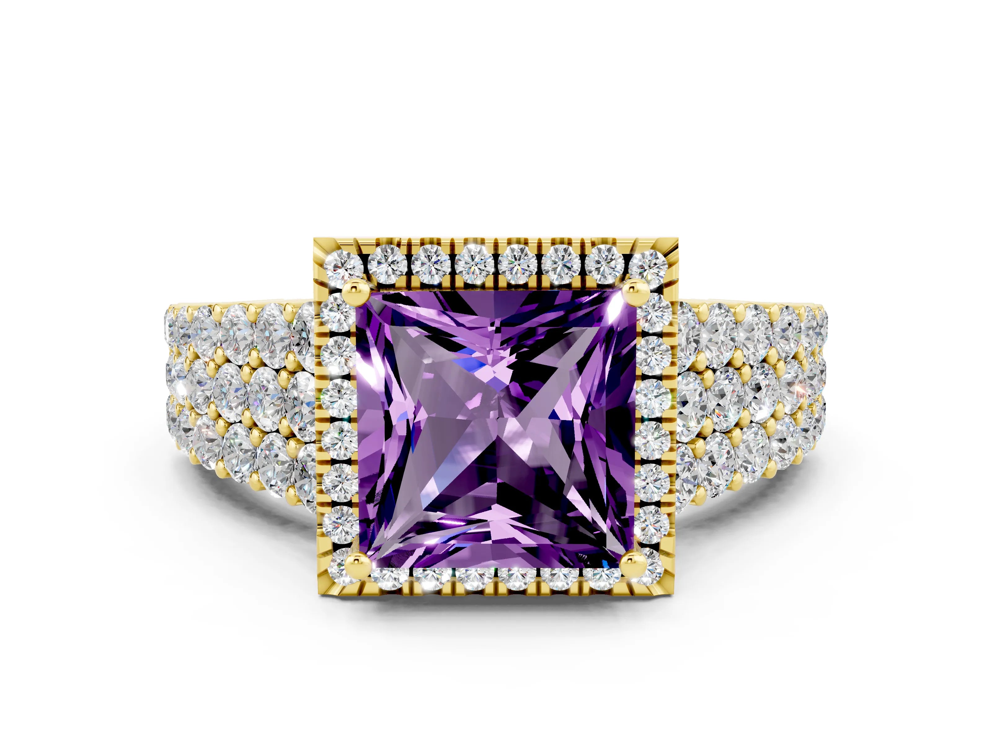 Yellow gold Princess Cut Halo Pavé Diamond Engagement Ring with Split Shank and Four-Prong Setting