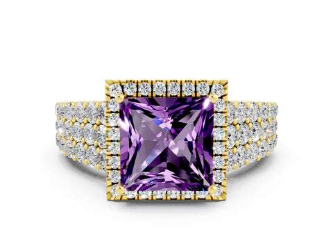 Yellow gold Princess Cut Halo Pavé Diamond Engagement Ring with Split Shank and Four-Prong Setting