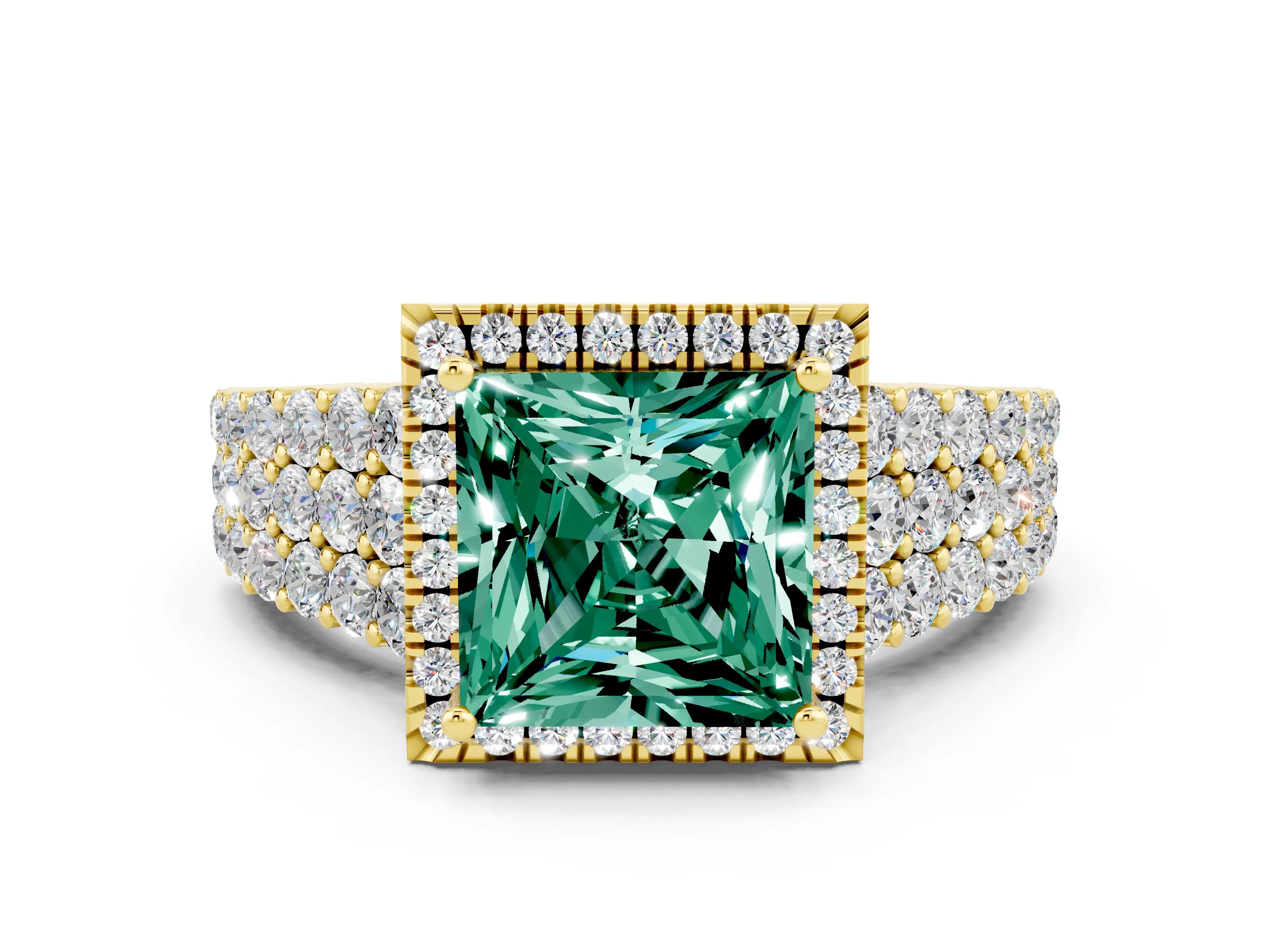 Yellow gold Princess Cut Halo Pavé Diamond Engagement Ring with Split Shank and Four-Prong Setting
