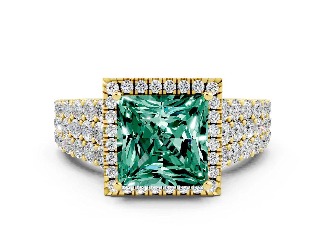 Yellow gold Princess Cut Halo Pavé Diamond Engagement Ring with Split Shank and Four-Prong Setting