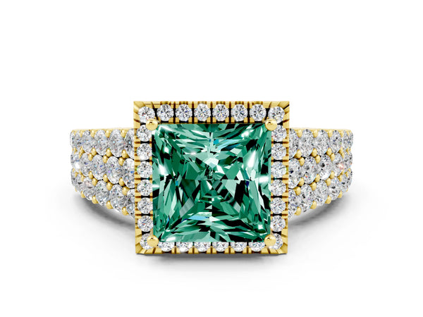 Yellow gold Princess Cut Green Sapphire Halo Engagement Ring with Triple Row Round Pavé Band and Prong Setting