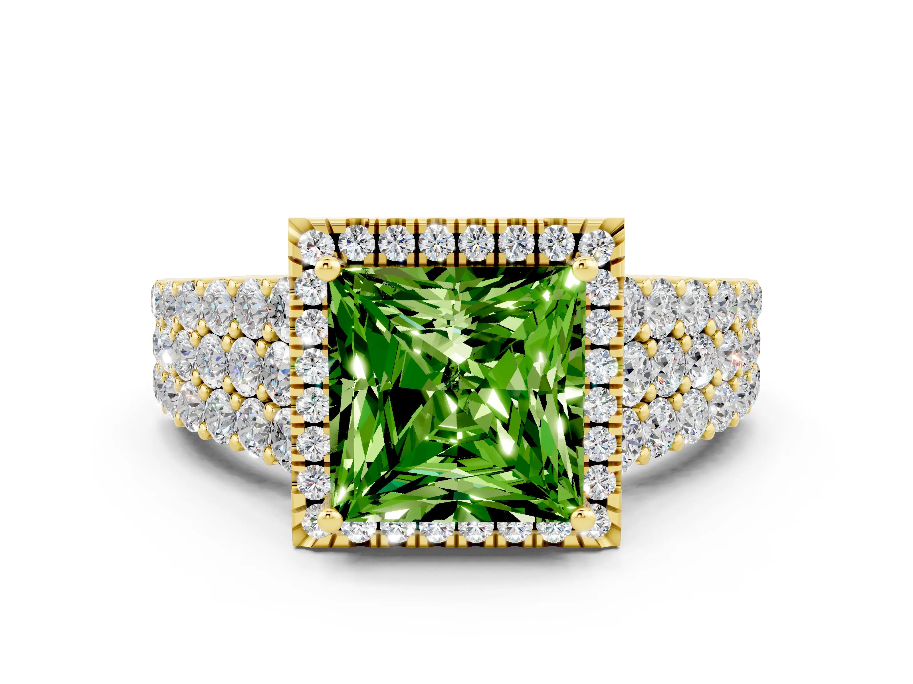 Yellow gold Princess Cut Halo Pavé Diamond Engagement Ring with Split Shank and Four-Prong Setting