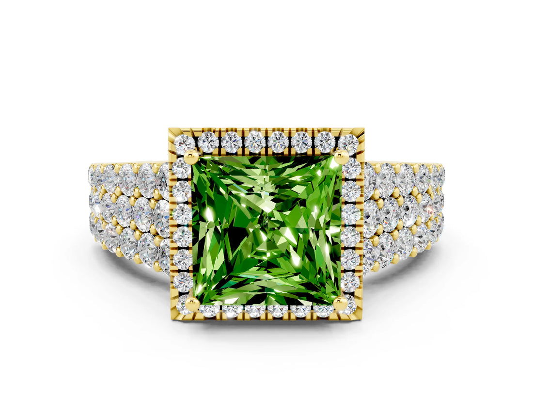 Yellow gold Princess Cut Halo Pavé Diamond Engagement Ring with Split Shank and Four-Prong Setting