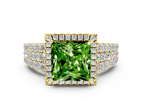Yellow gold Princess Cut Halo Pavé Diamond Engagement Ring with Split Shank and Four-Prong Setting
