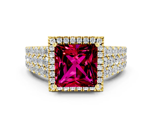 Yellow gold Princess Cut Garnet Halo Engagement Ring with Triple Row Round Pavé Band and Prong Setting