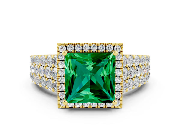 Yellow gold Princess Cut Emerald Halo Engagement Ring with Triple Row Round Pavé Band and Prong Setting
