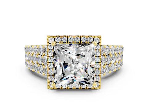 Yellow gold Princess Cut Halo Pavé Diamond Engagement Ring with Split Shank and Four-Prong Setting