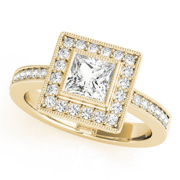 Yellow gold Princess Cut Halo Pavé Diamond Ring