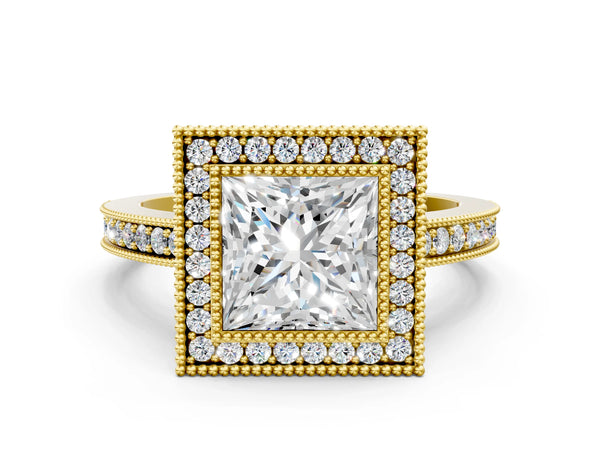 Yellow Gold Princess Cut Double Milgrain Halo Engagement Ring Setting