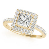 Yellow gold Princess Cut Halo Pavé Solitaire Ring with Four-Prong Setting