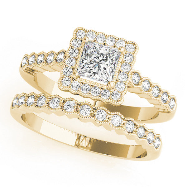 Yellow gold Princess Cut Halo Pavé Solitaire Ring with Milgrain Band 1