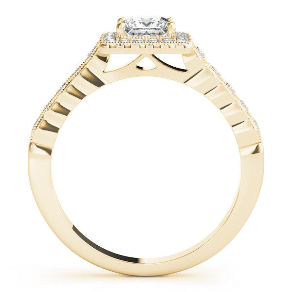 Yellow gold Princess Cut Halo Pavé Solitaire Ring with Milgrain Band 2