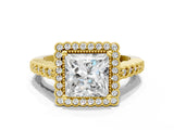 Yellow gold Princess Cut Halo Pavé Solitaire Ring with Milgrain Band_11