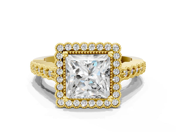Yellow gold Princess Cut Halo Pavé Solitaire Ring with Milgrain Band