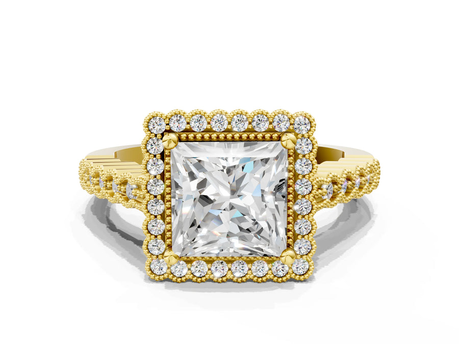 Yellow gold Princess Cut Halo Pavé Solitaire Ring with Milgrain Band