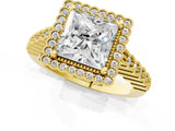 Yellow gold Princess Cut Halo Pavé Solitaire Ring with Milgrain Band_12