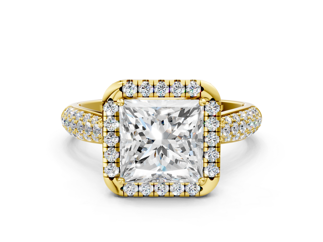 Yellow gold Princess Cut Halo Pave Band Four-Prong Setting Ring_23