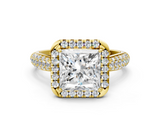 Yellow gold Princess Cut Halo Pave Band Four-Prong Setting Ring_23