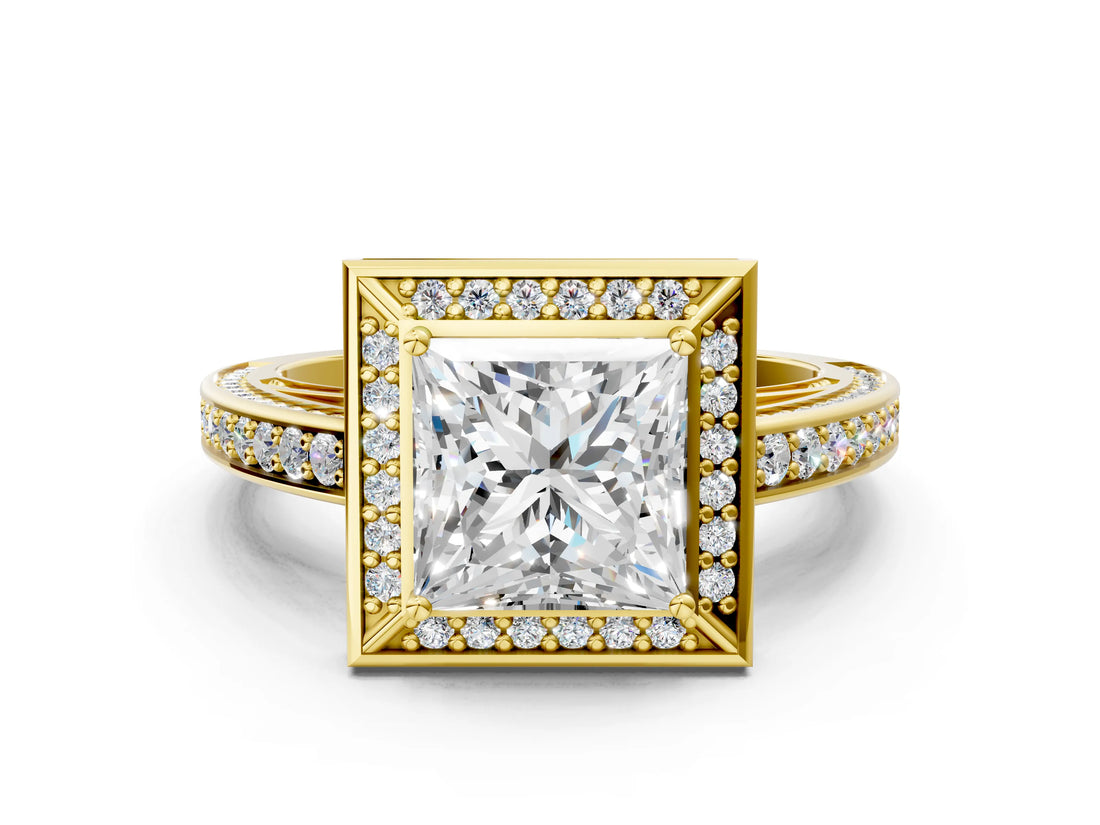 Yellow gold Princess Cut Halo Pave Split Shank Prong Setting Ring_30