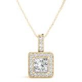 Yellow gold Princess Cut Halo Pendant with Four-Prong Setting