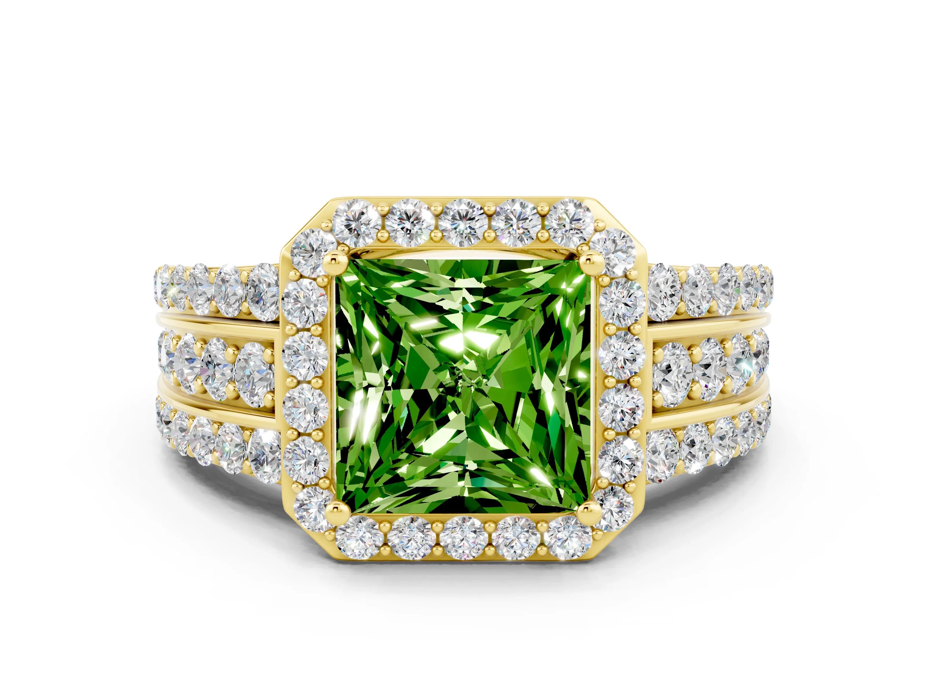Yellow gold Princess Cut Halo Peridot Ring with Split Shank and Four-Prong Setting
