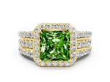 Yellow gold Princess Cut Halo Peridot Ring with Split Shank and Four-Prong Setting