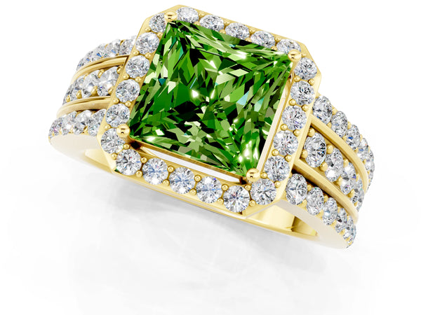 Yellow gold Princess Cut Halo Peridot Ring with Round  Split Shank and Prong Setting