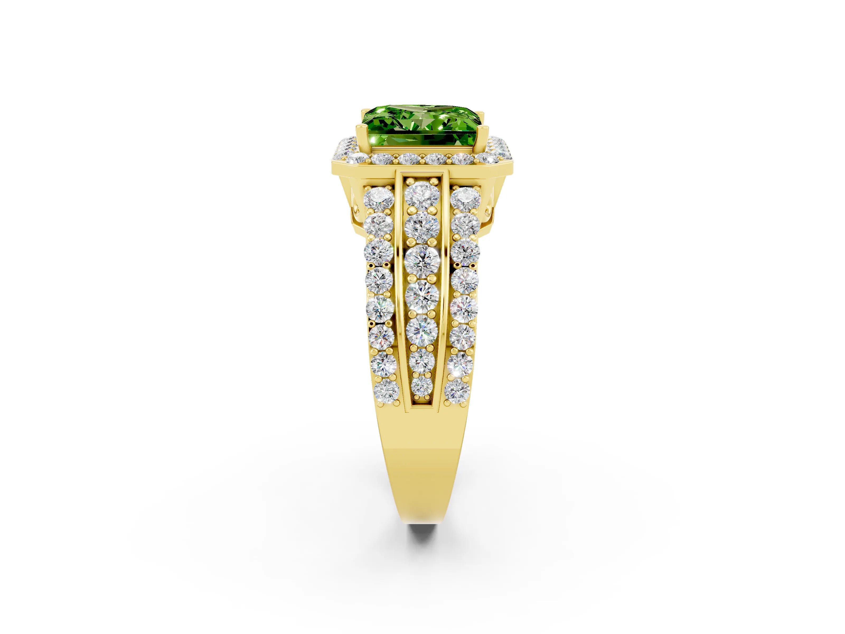 Yellow gold Princess Cut Halo Peridot Ring with Split Shank and Four-Prong Setting_2