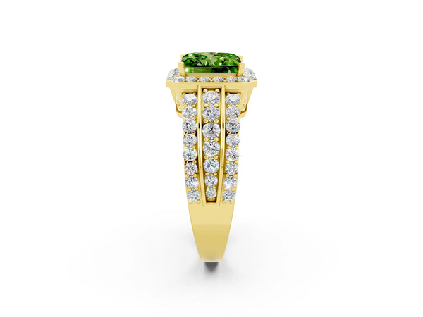 Yellow gold Princess Cut Halo Peridot Ring with Round  Split Shank and Prong Setting