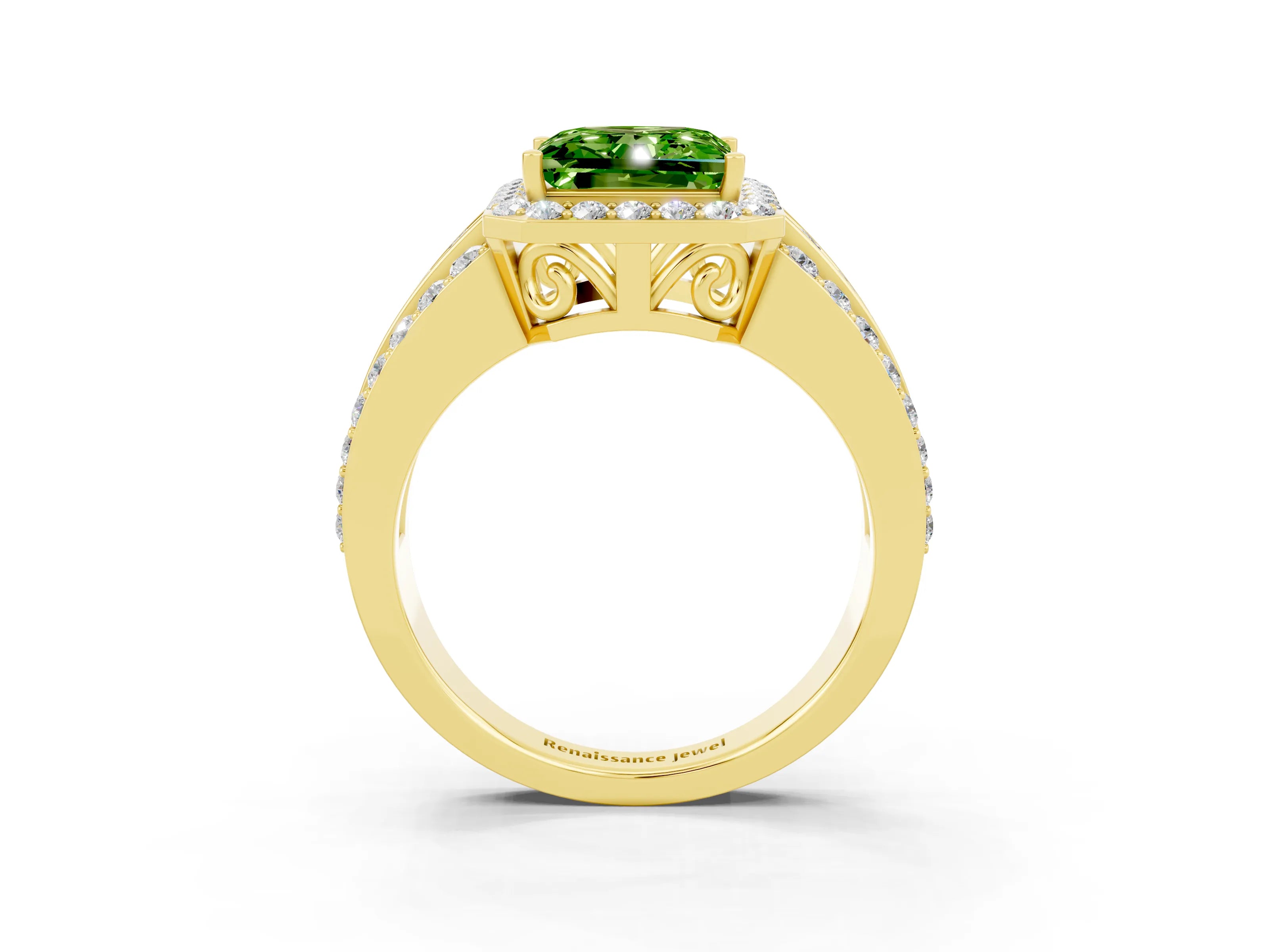 Yellow gold Princess Cut Halo Peridot Ring with Split Shank and Four-Prong Setting_3