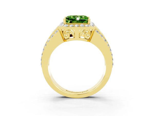 Yellow gold Princess Cut Halo Peridot Ring with Round  Split Shank and Prong Setting