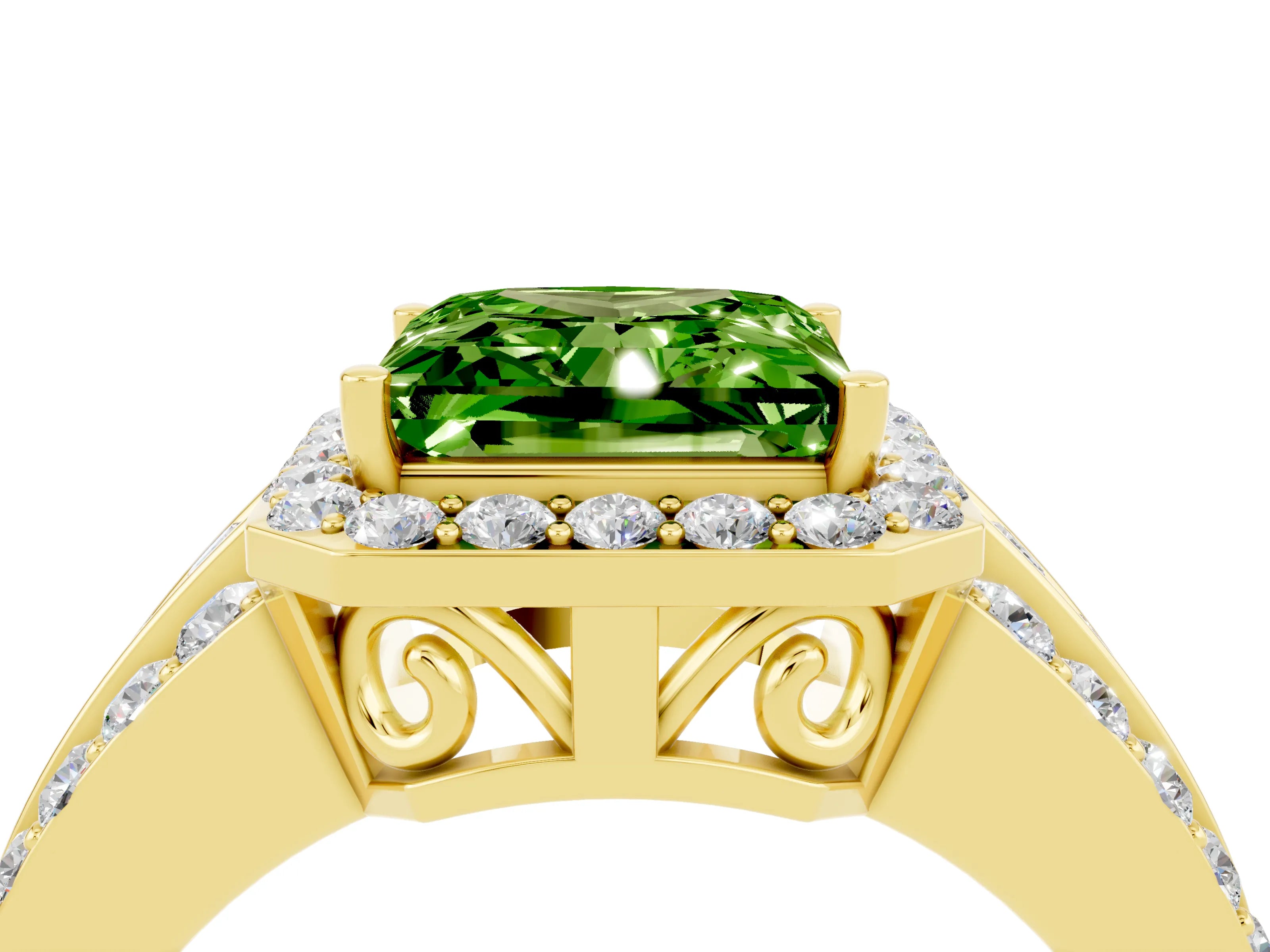 Yellow gold Princess Cut Halo Peridot Ring with Split Shank and Four-Prong Setting_4