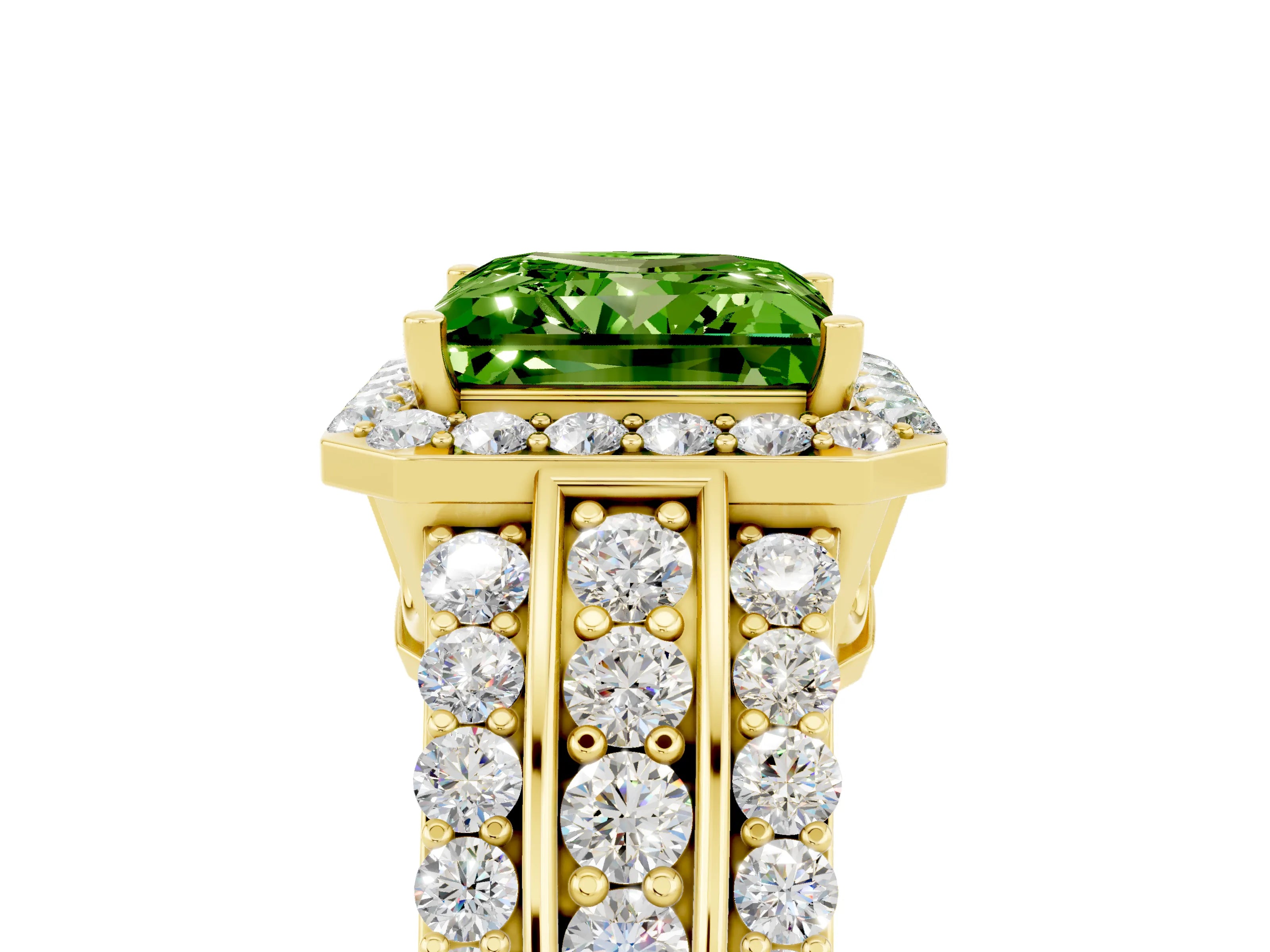 Yellow gold Princess Cut Halo Peridot Ring with Split Shank and Four-Prong Setting_5