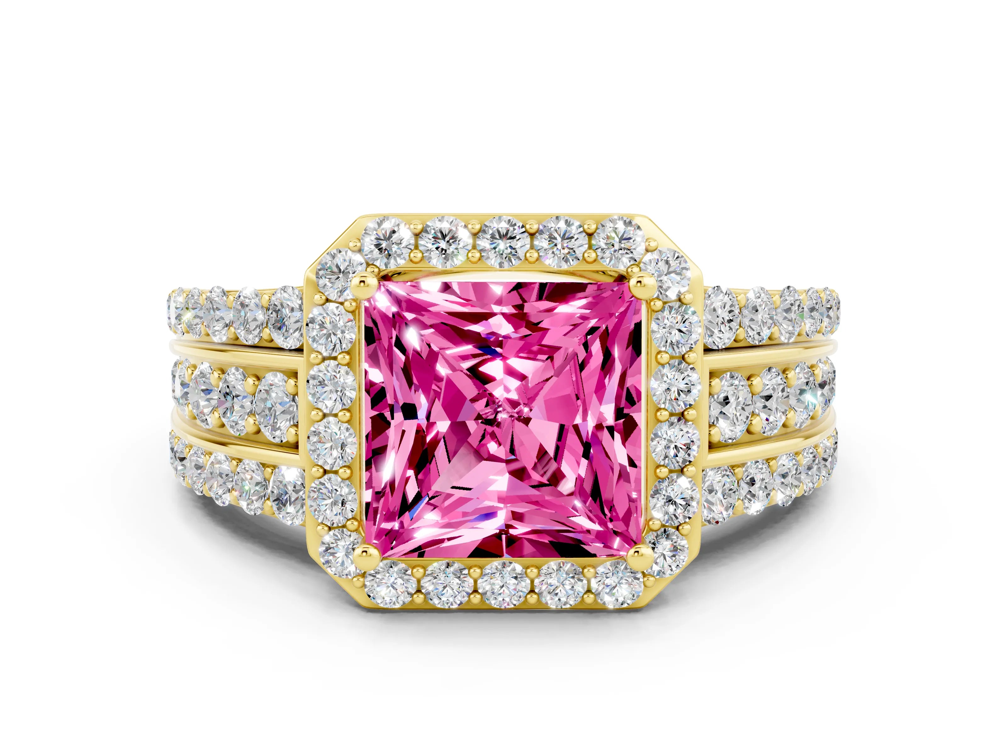 Yellow gold Princess Cut Halo Pink Sapphire Ring with Split Shank and Four-Prong Setting_24