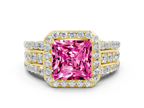 Yellow gold Princess Cut Halo Pink Sapphire Ring with Split Shank and Four-Prong Setting_24