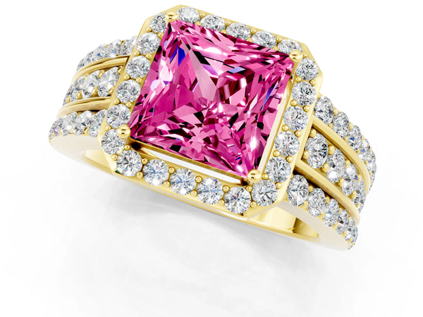 Yellow gold Princess Cut Halo Pink Sapphire Ring with Round  Split Shank and Prong Setting