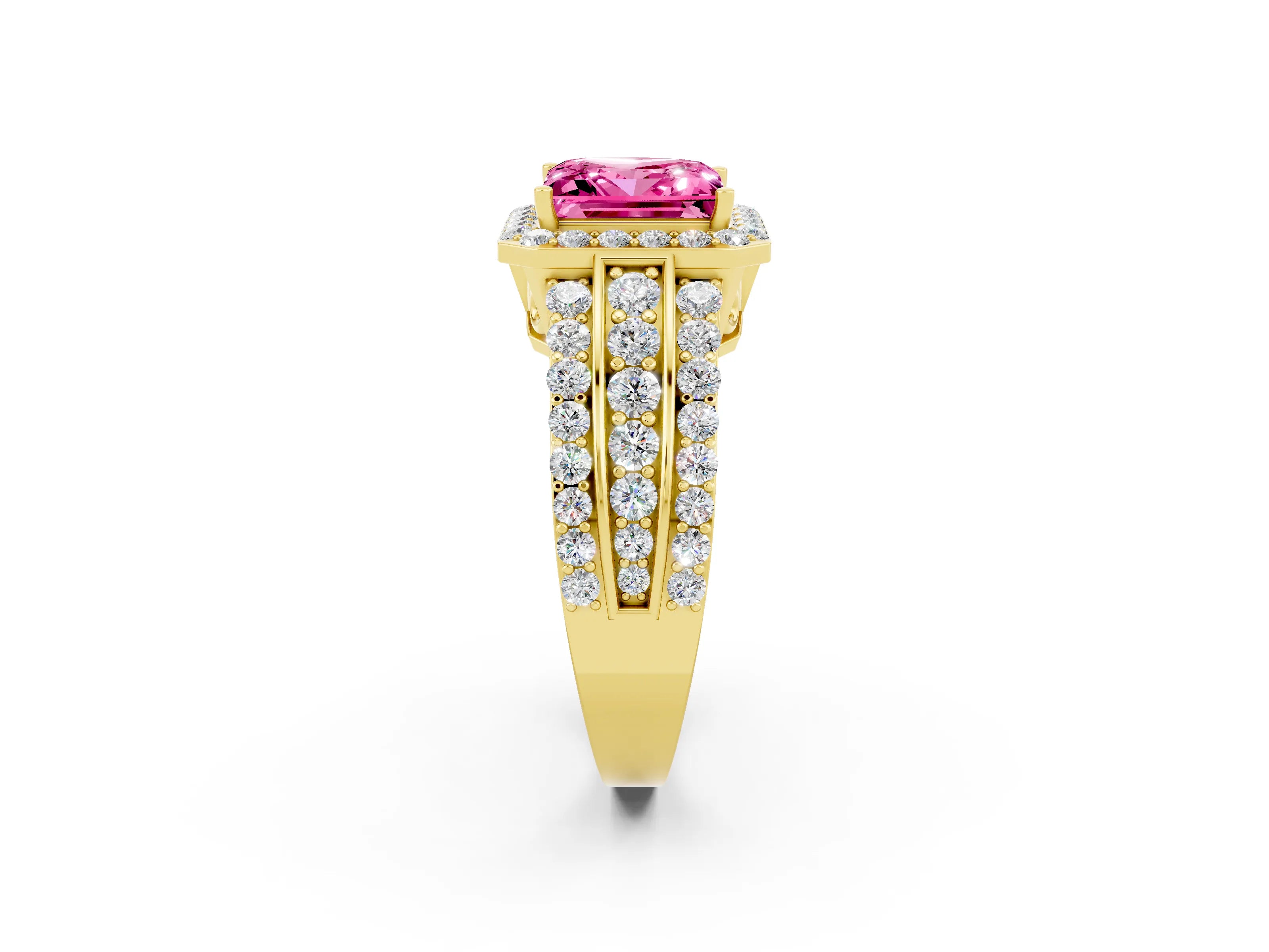 Yellow gold Princess Cut Halo Pink Sapphire Ring with Split Shank and Four-Prong Setting_26