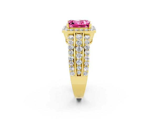 Yellow gold Princess Cut Halo Pink Sapphire Ring with Round  Split Shank and Prong Setting