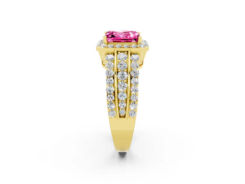 Yellow gold Princess Cut Halo Pink Sapphire Ring with Split Shank and Four-Prong Setting_26