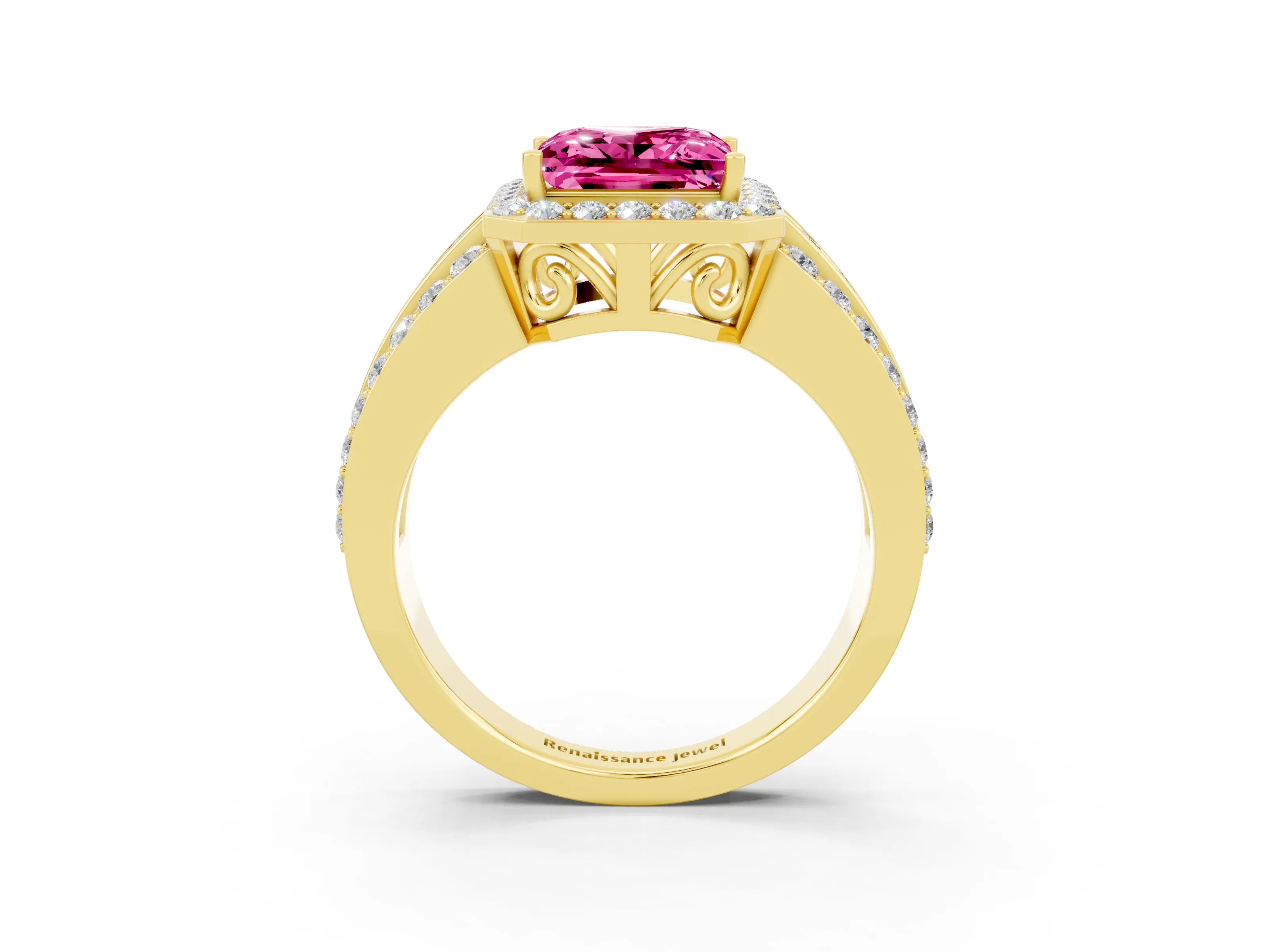 Yellow gold Princess Cut Halo Pink Sapphire Ring with Split Shank and Four-Prong Setting_27