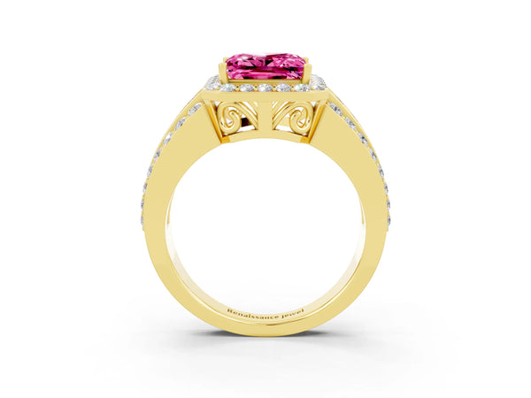 Yellow gold Princess Cut Halo Pink Sapphire Ring with Round  Split Shank and Prong Setting