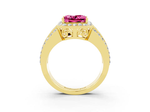 Yellow gold Princess Cut Halo Pink Sapphire Ring with Split Shank and Four-Prong Setting_27