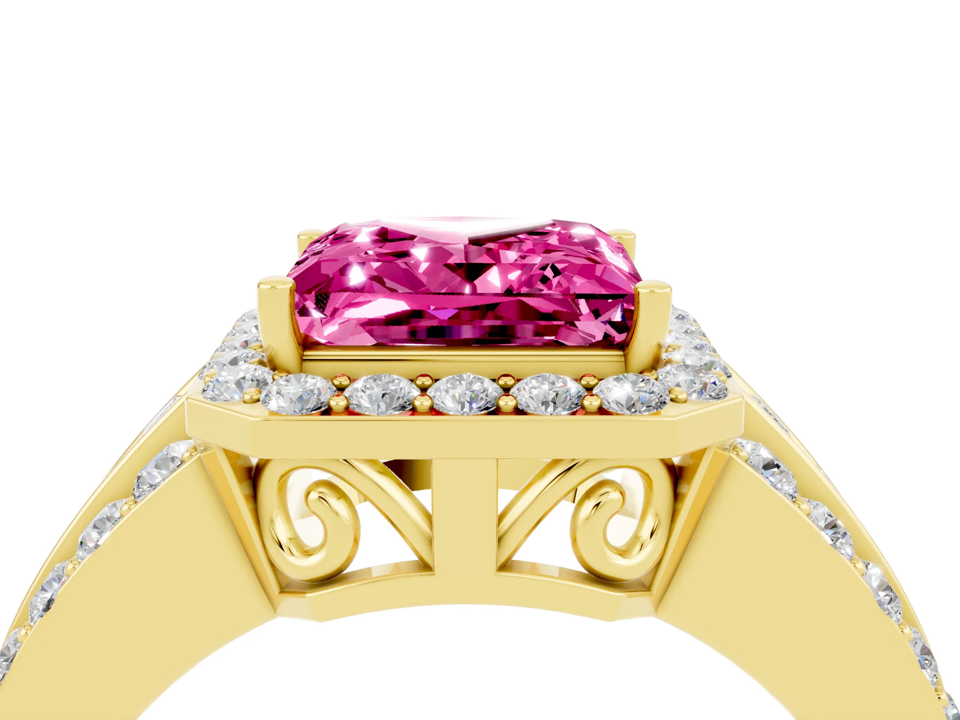 Yellow gold Princess Cut Halo Pink Sapphire Ring with Split Shank and Four-Prong Setting_28