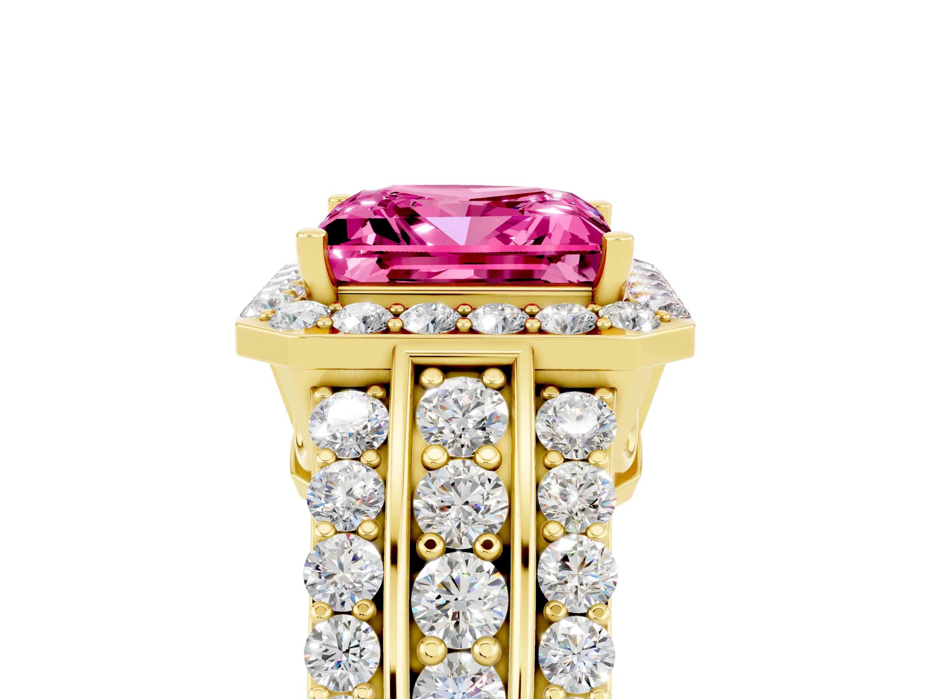 Yellow gold Princess Cut Halo Pink Sapphire Ring with Split Shank and Four-Prong Setting_29
