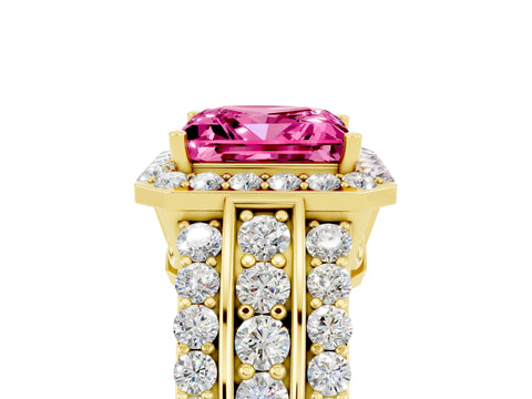 Yellow gold Princess Cut Halo Pink Sapphire Ring with Split Shank and Four-Prong Setting_29
