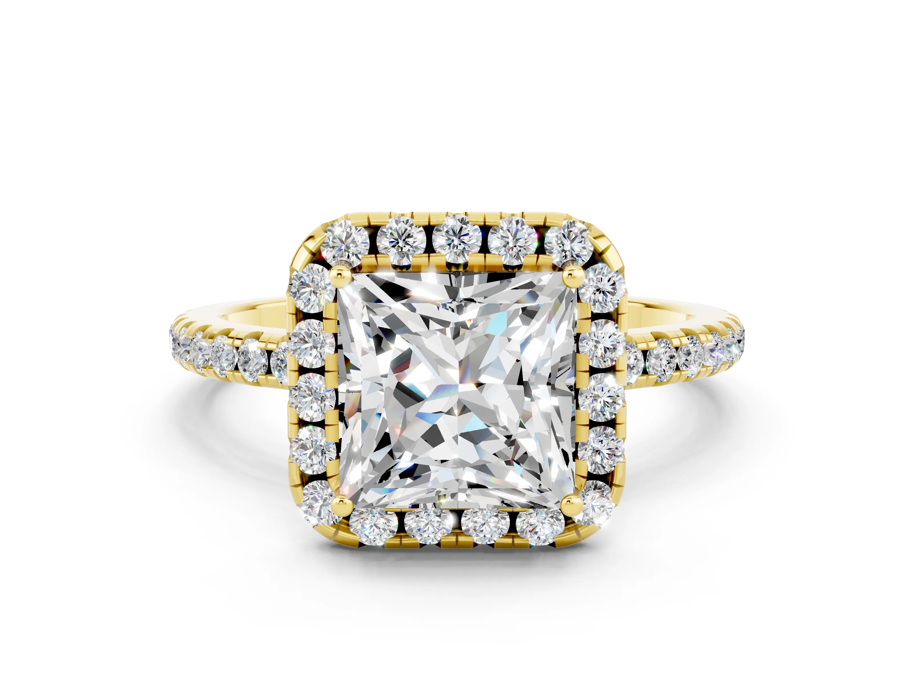 Yellow gold Princess Cut Halo Round Diamond Pavé Band Four-Prong Ring