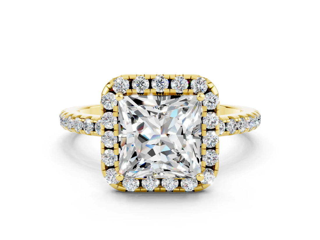 Yellow gold Princess Cut Halo Round Diamond Pavé Band Four-Prong Ring