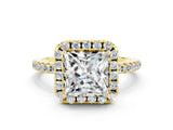 Yellow gold Princess Cut Halo Round Diamond Pavé Band Four-Prong Ring