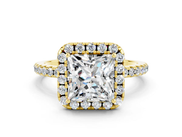 Yellow gold Princess Cut Moissanite Halo Ring with Round Pavé Band and Prong Setting